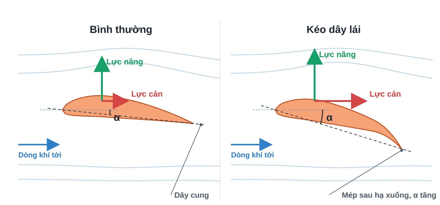 Cross-section of a cell. Left: normal flight. Right: pulling the brakes lowers the trailing edge, the angle of attack α increases, drag increases and the wing slows. Lift is at right angles to the oncoming air, drag is parallel to it. (Labels in Vietnamese.)