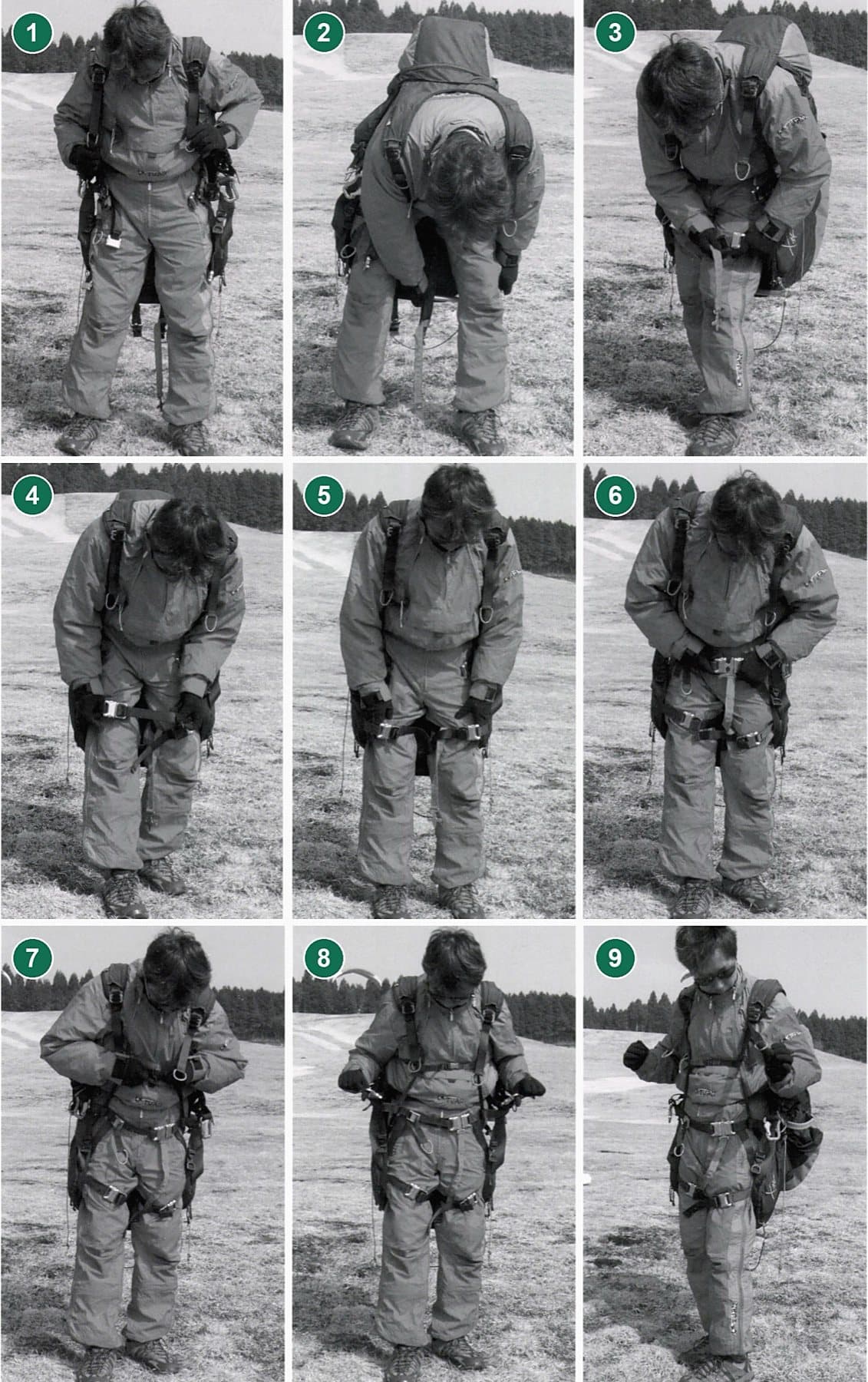 Harness on: (1) onto the shoulders; (2) leg straps untwisted; (3) fasten them; (4) adjust length; (5) a flat hand's room; (6) chest strap; (7) shoulder-retaining strap; (8) tug the carabiners; (9) check both sides are even.