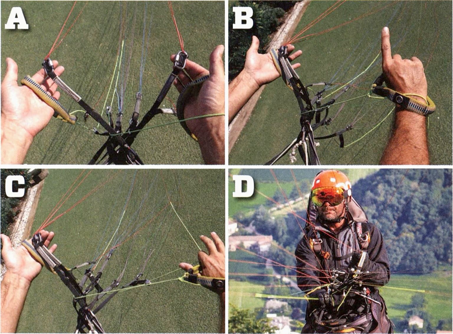 Reverse set-up: (A) facing the wing, risers and brakes crossed; (B) both A risers in the non-dominant hand; (C) the index finger of the dominant hand hooks the opposite brake line and slides along it to brake that side; (D) pull the As slowly towards the chest so the leading edge fills and rises.
