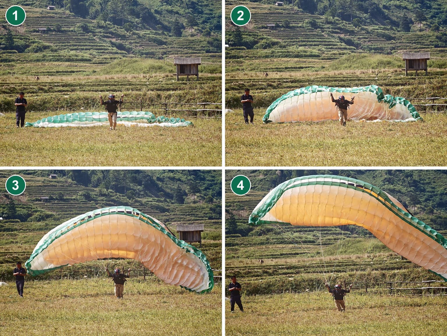 Forward inflation (consecutive shots): (1) in the middle, back to the wing, facing into wind, hands on the As; (2) step forward leaning in, the wing fills and leaves the ground; (3) it comes up behind you with even pressure; (4) nearly overhead: get ready to release the As, brake lightly and look up to check the wing.