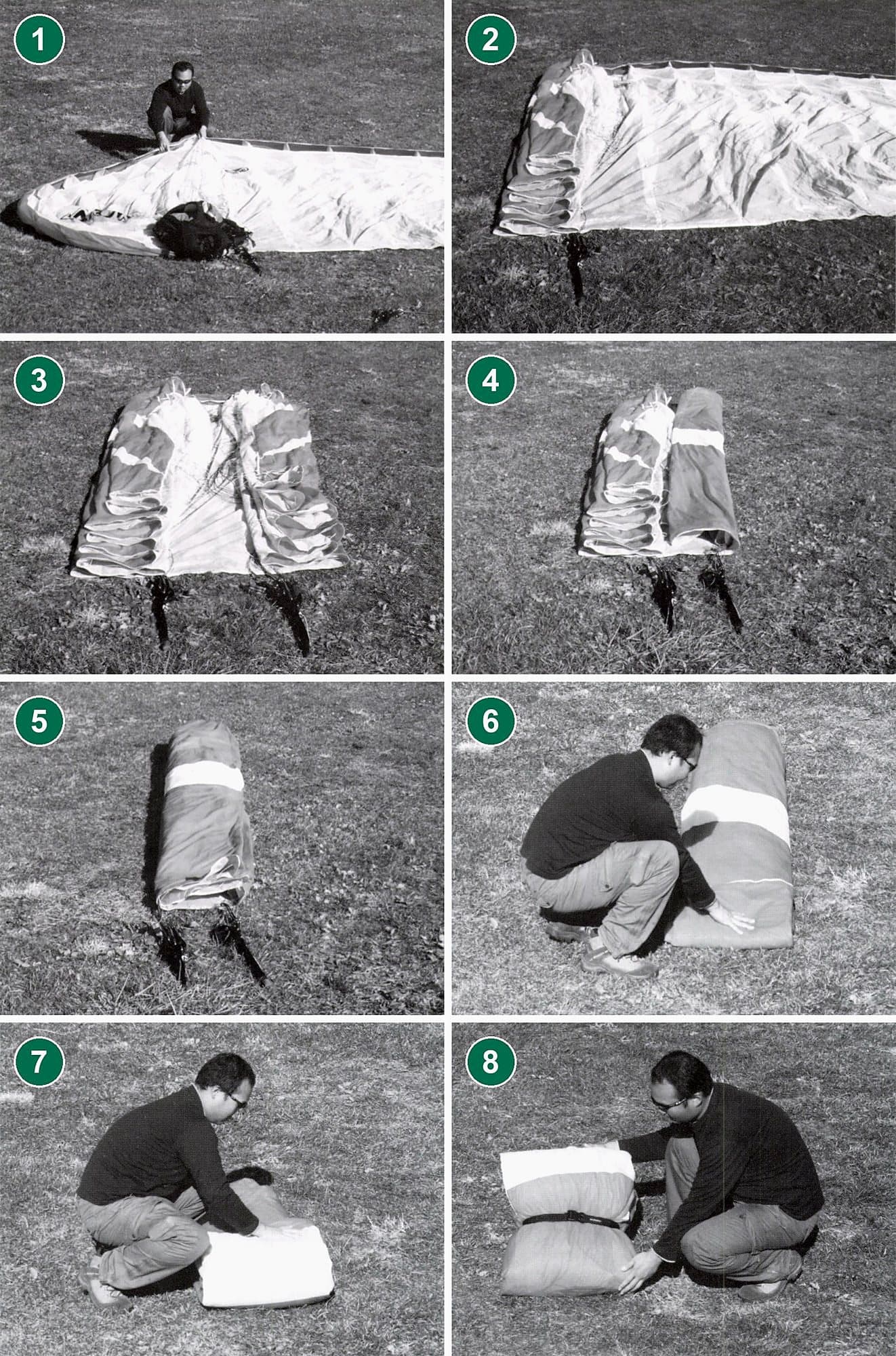 Concertina packing: (1) gather the leading edge; (2) stack one half without bending the rods; (3) the same for the other half; (4) fold one half of the canopy over; (5) fold the other half into one strip; (6) push the air out from the trailing edge; (7) fold neatly; (8) fasten the strap.