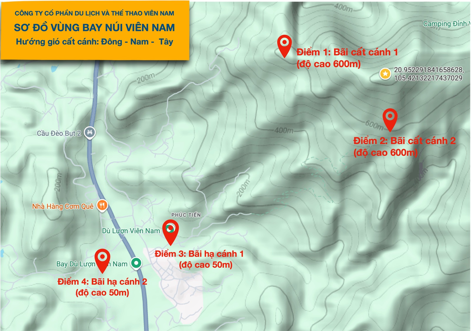 Site map: take-off 1 and 2 (600 m), landing 1 and 2 (50 m)