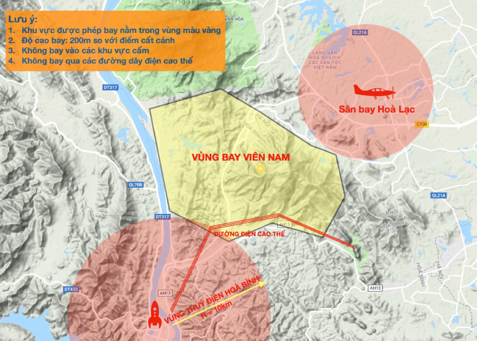 Vien Nam flight zone map: yellow = authorised area, red = restricted (Hoa Lac airport, Hoa Binh dam), high-voltage power line